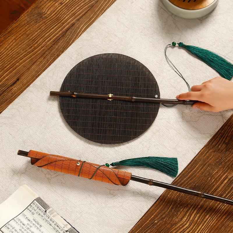 紫竹大漆竹编挂腰扇团扇长柄流苏国风可卷曲折扇便携古典汉服宫