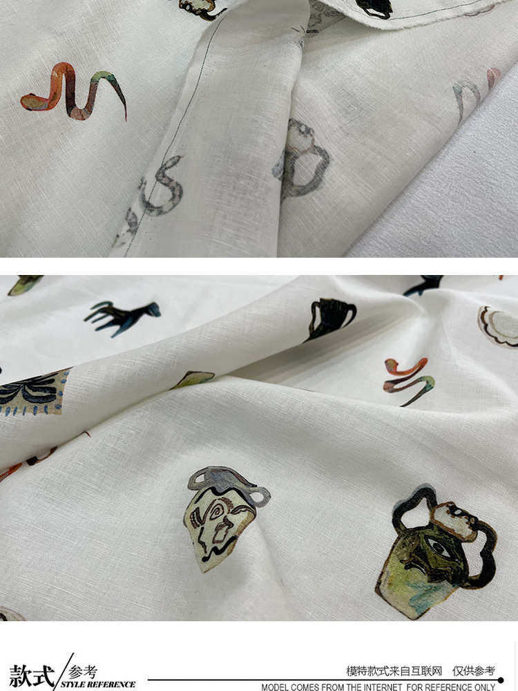 Набивные ткани 23春夏时尚亚麻棉混纺印花面料 女装服装动物物品图案高定布面料