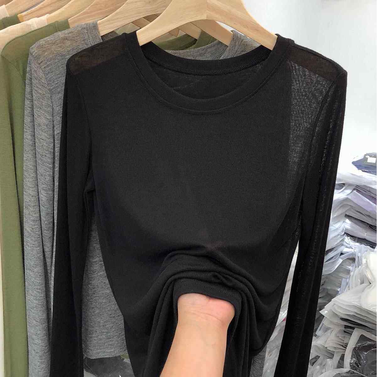 韩国新款黑色长袖T恤女打底衫2025春秋薄款针织内搭纯色上衣T恤