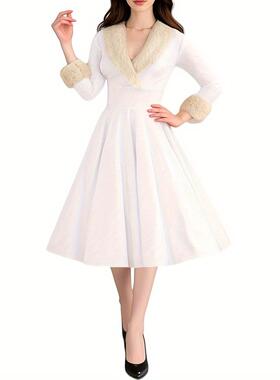 Women's long sleeved fur collar low cut dress