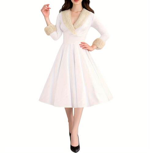 Women's long sleeved fur collar low cut dress