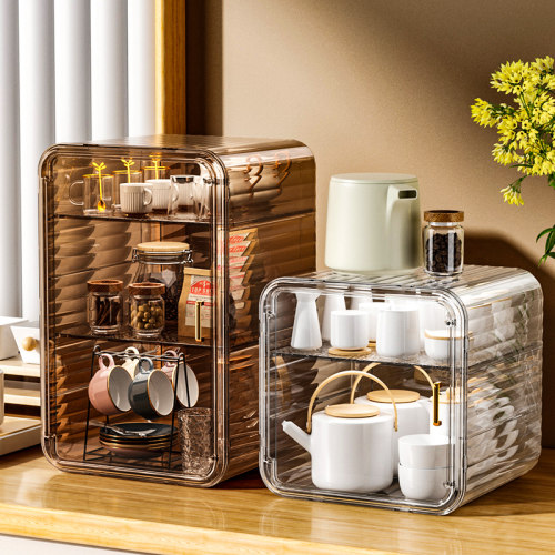 杯子收纳盒pet透明可叠加防潮防尘轻奢收纳柜大容量陶瓷泡茶杯柜