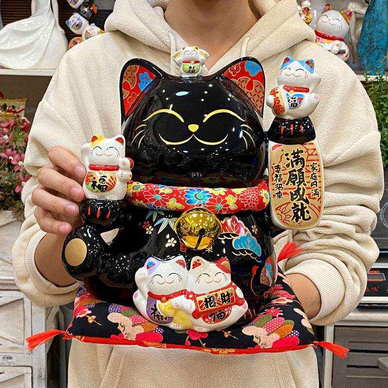 金石工坊12寸黑色招财猫大号满愿 成就黑猫存钱罐开 业礼品家居摆