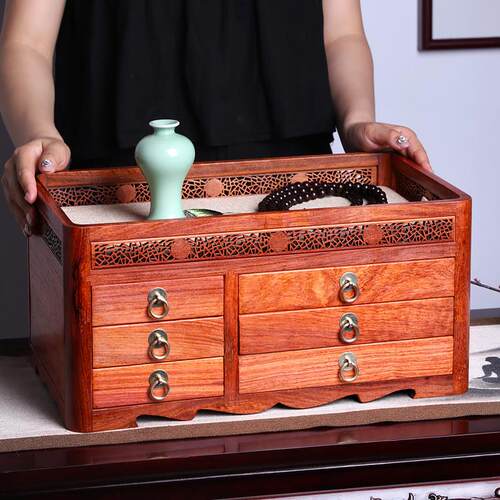 缅甸花梨木收纳盒实木首饰盒多层红木桌面化妆品手饰盒大容量