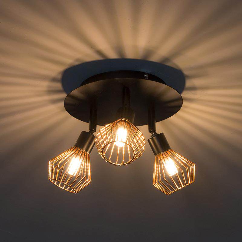 美式金罩圆形三头射灯复古客厅卧室玄关多头射灯创意灯具铁工艺吊