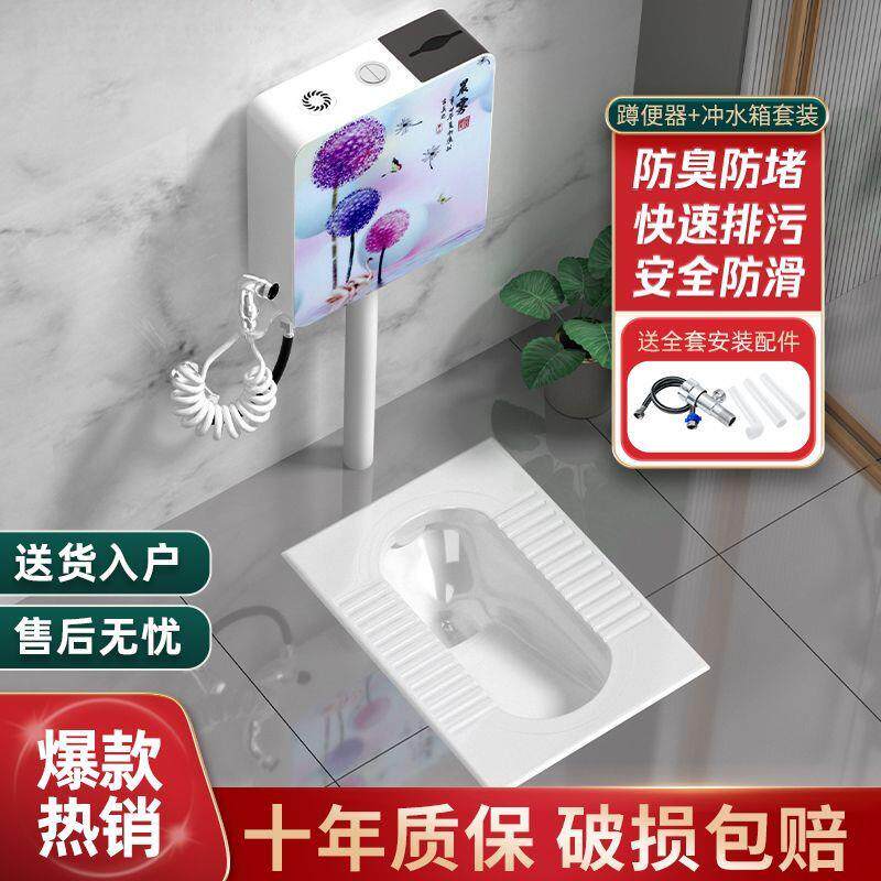 家用陶瓷蹲便器卫浴防臭蹲厕蹲坑便池蹬便器冲水箱套装整套大便器