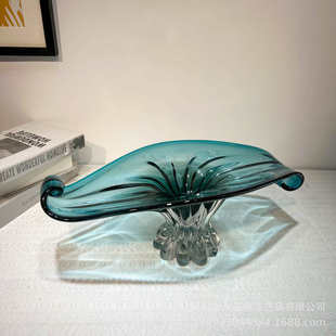 一叶扁舟湖水蓝手工琉璃水果盘客厅餐桌茶几样板间高级感装饰器皿