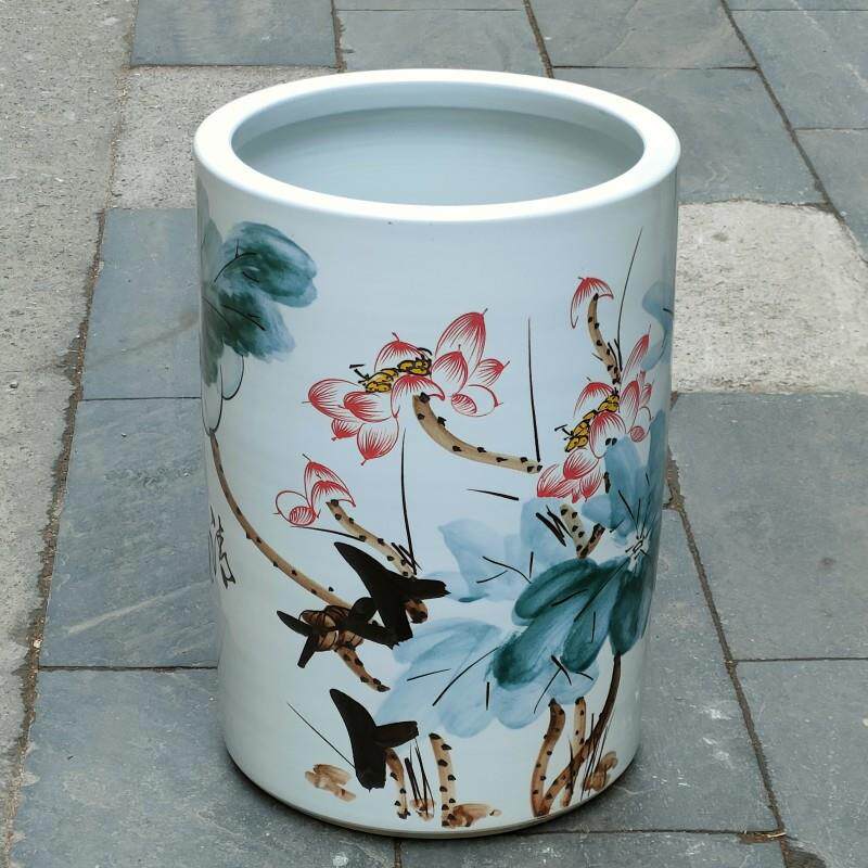 陶瓷书画筒雨伞缸手绘荷花卷轴字画缸家居书房装饰陶瓷摆件收藏品