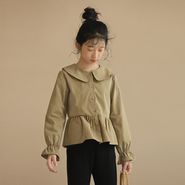 韩版女童衬衫秋装2022儿童衬衣春秋季女孩娃娃领长袖收腰上衣