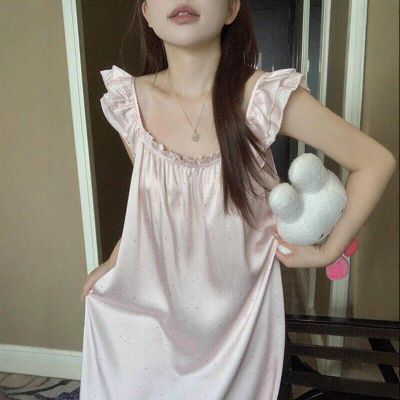 冰丝绸睡裙夏季女款2025新款甜美1/4吋套筒扳手袖波点睡衣家居服
