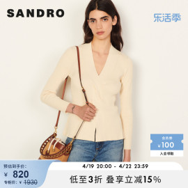 SANDRO Outlet女装法式时尚V领长袖罗纹修身针织上衣SFPPU01218