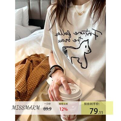 MISSMARMA 韩系小马植绒印花超柔软双面棉短袖T恤女夏季百搭上衣