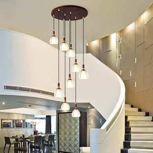 新中式 公寓灯loft高档别墅自建房楼梯间吊灯 全铜乌檀木楼梯灯复式