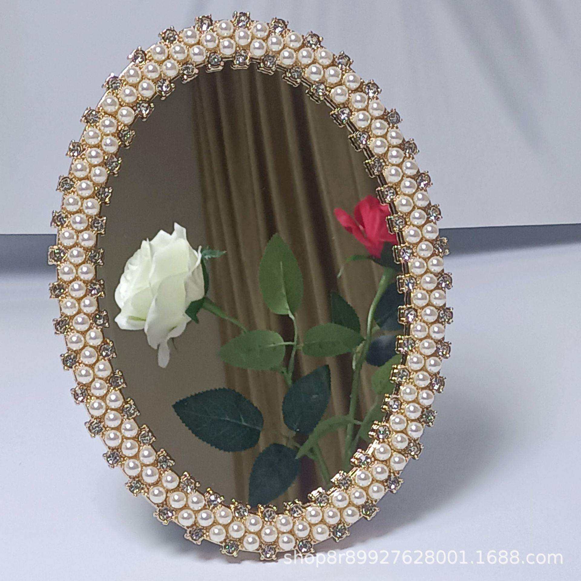 新款时尚镶嵌珍珠化妆镜，梳妆镜田园金属台式梳妆镜复古双面梳妆