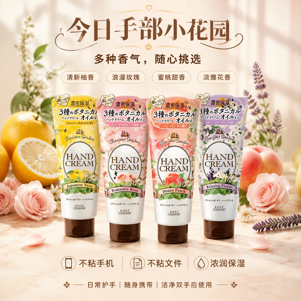 保税日本KOSE/高丝珍贵花园植萃护手霜玫瑰水蜜桃Q10浓润保湿不粘