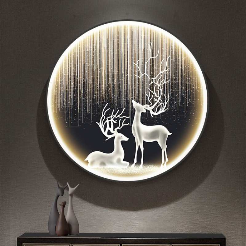 麋鹿圆形装饰画带灯LED发光轻奢玄关挂画入户走廊过道墙画壁灯图片