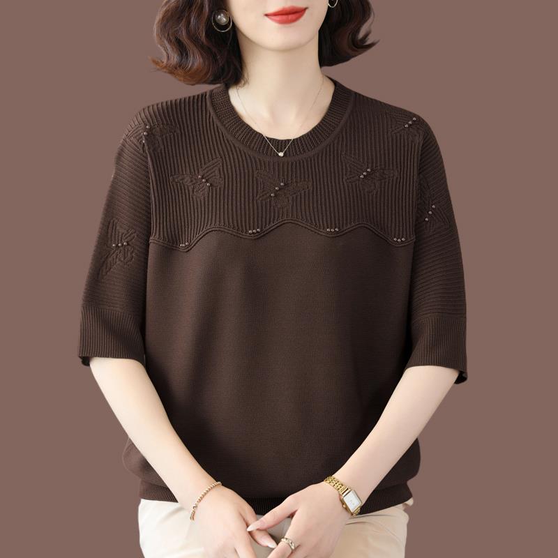 春夏季新款大码桑蚕丝T恤女宽松圆领时尚中袖中年针织冰丝遮肉女