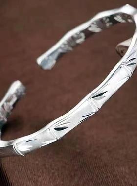 正品999纯手银镯女纯银口开竹节银镯子万9足饰品银手环刻字简约送