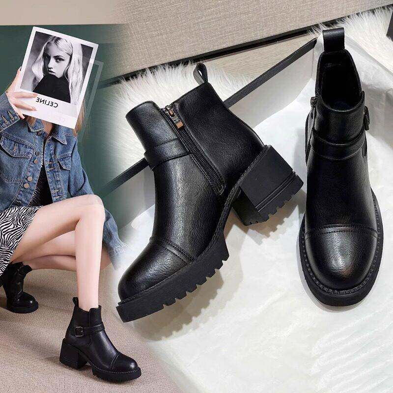 真皮高跟短靴马丁靴女2025年秋冬季新款网红百搭女鞋短筒粗跟单靴