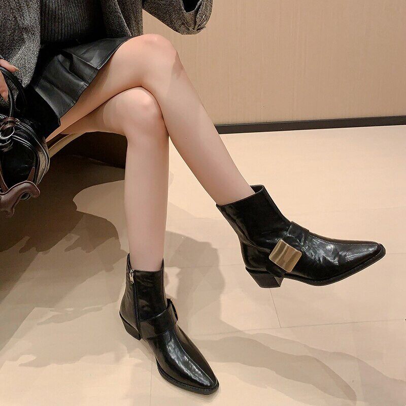 纽约街区~欧美风金属扣粗跟尖头短靴女复古褶皱羊皮中跟裸靴4.5cm