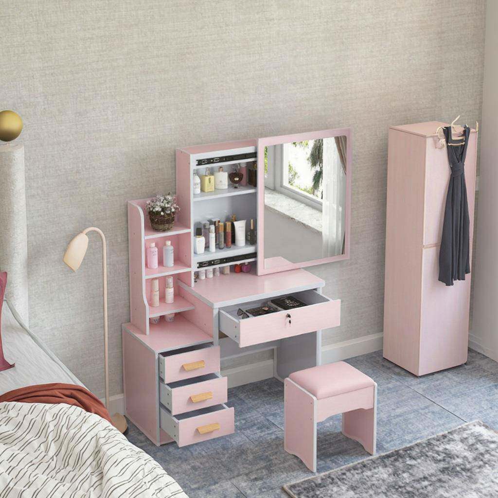 梳妆台简约经济型卧室化妆桌收纳柜粉色化妆台带灯推拉镜子化妆柜