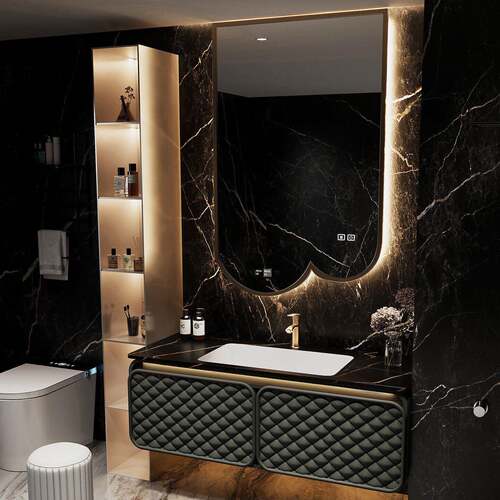 2025无障碍豪华酒店风格浴室柜组合经典定制板岩无缝面盆洗脸盆浴