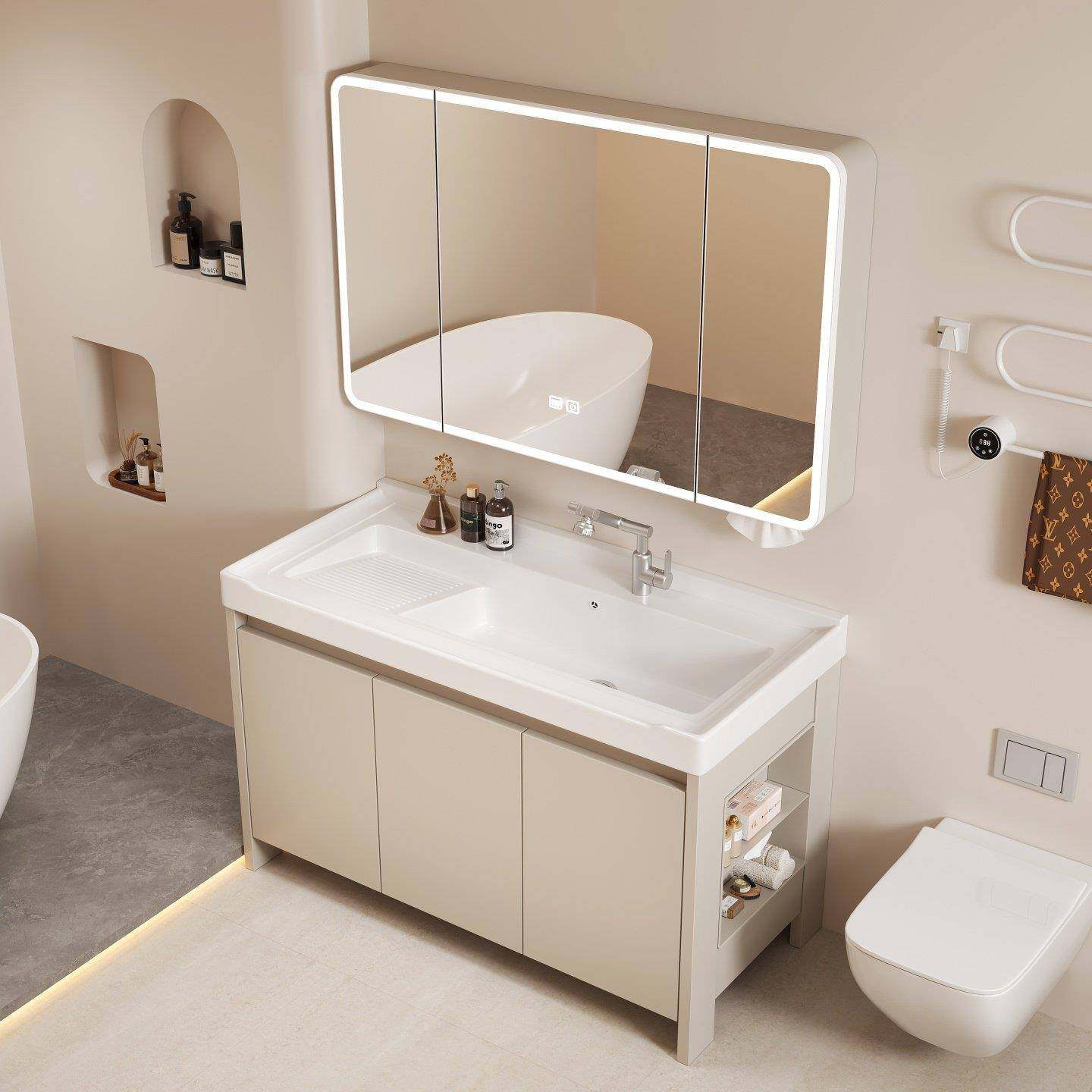 落地式洗衣盆柜带搓衣板陶瓷一体盆卫生间蜂窝铝侧边格浴室柜组合