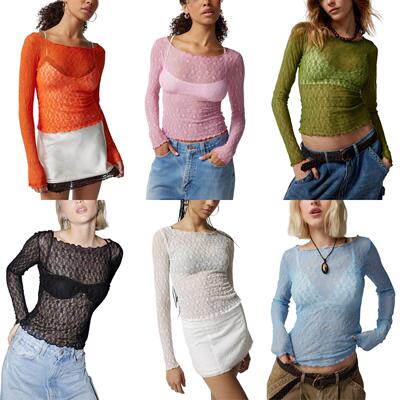 Sexy lace mesh T-shirt slim fitting outerwear top
