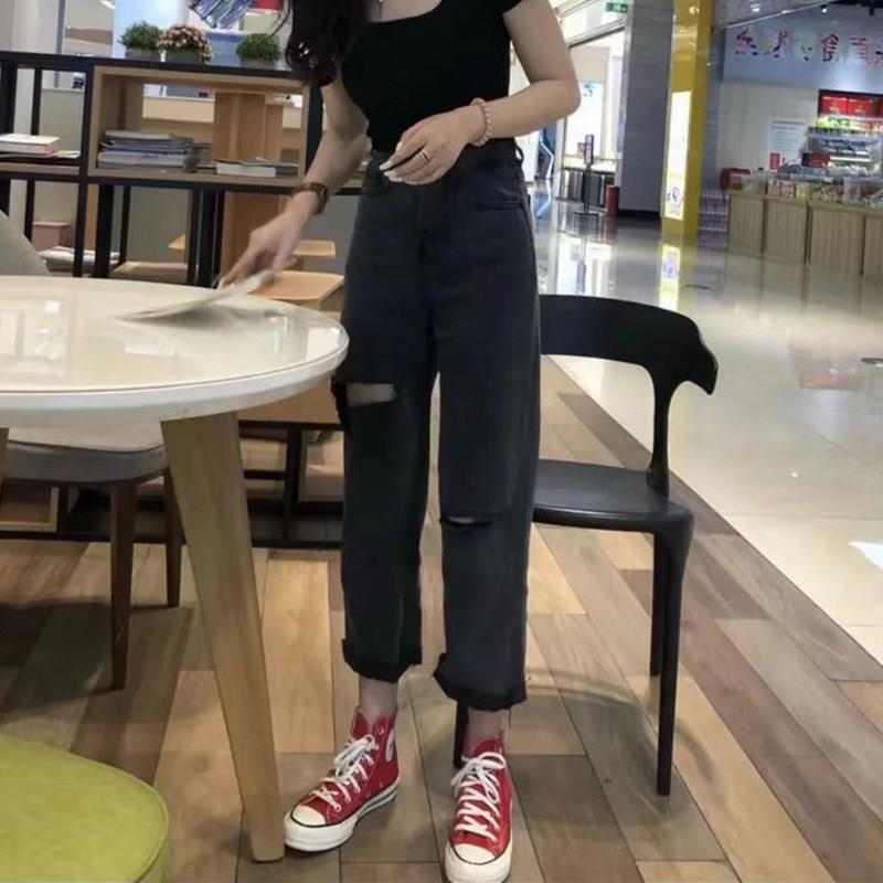 大码女装2025秋季新款胖mm高腰破洞牛仔裤女薄宽松直筒显瘦裤子潮