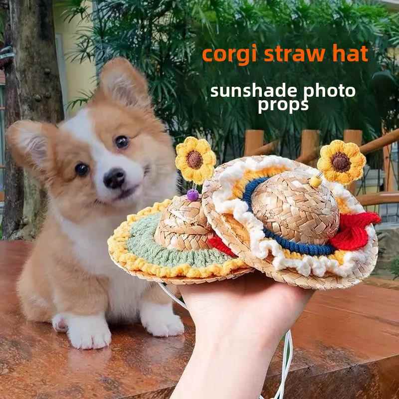 狗帽夏日可爱遮阳旋转草帽头饰法国斗牛犬柯基配件猫装扮照片头饰