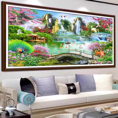 2025新5D钻石画满钻，流水，财富，钻石十字绣，客厅风景，风景，