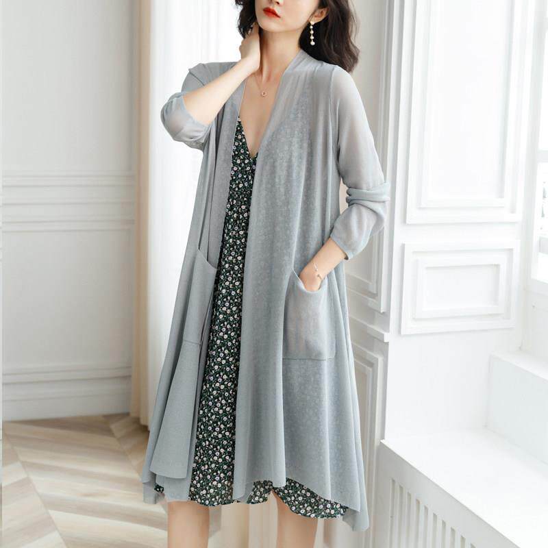 妈妈冰丝开衫女中长款宽松大码薄款防晒披肩外搭空调衫针织外套夏