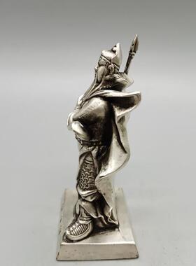 古玩收藏合金护车神关公摆件工艺品白铜色忠义关公家居摆设