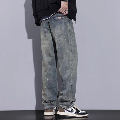 美式高街牛仔裤男春夏季新款裤子潮牌泼墨直筒裤男士宽松阔腿裤