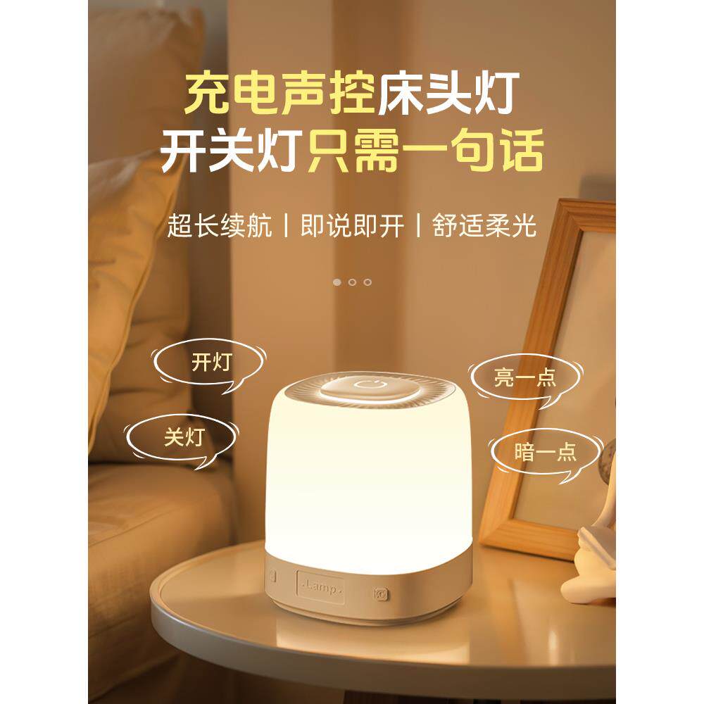 智能语音控制小夜灯充电款声控感应卧室床头睡眠儿童定时台灯家用