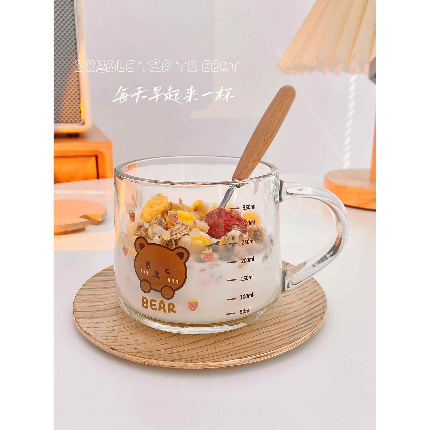 早餐杯燕麦杯家用透明带把手杯子女生玻璃刻度牛奶杯网红便携式