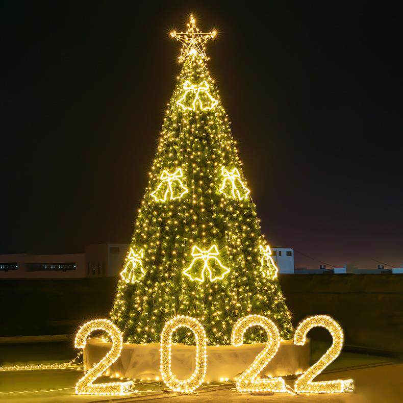 2022年彩色LED霓虹灯造型 大型钢结构框架加密松针挂枝圣诞树厂家