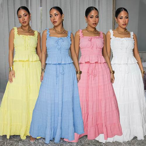 Skirt set with camisole and sleeveless top, paired with a