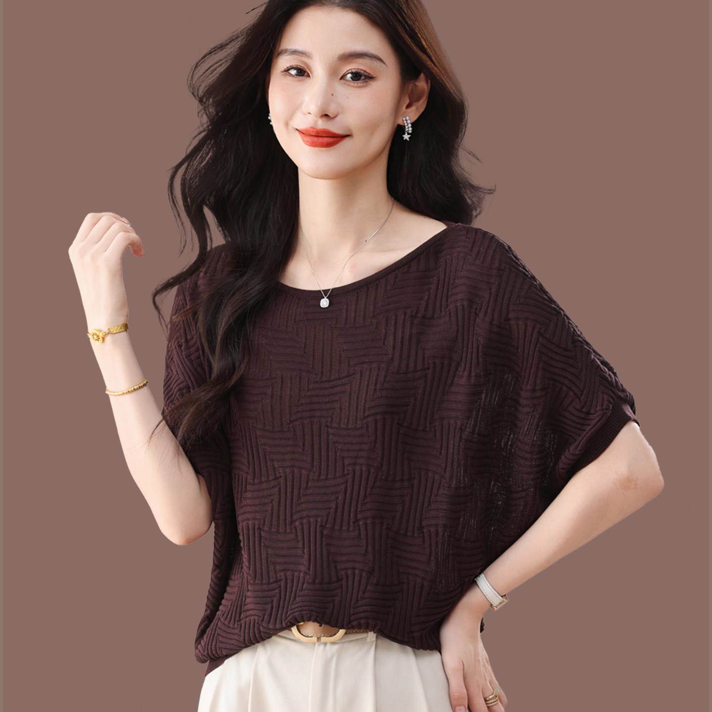 桑蚕丝蝙蝠袖t恤女夏季宽松显瘦遮肉上衣新款洋气短袖薄针织衫