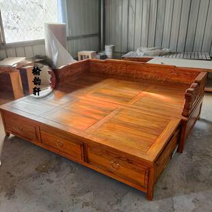 9U新中式推拉实木罗汉床老榆木客厅可伸缩塌塌米沙发禅意雕花沙发