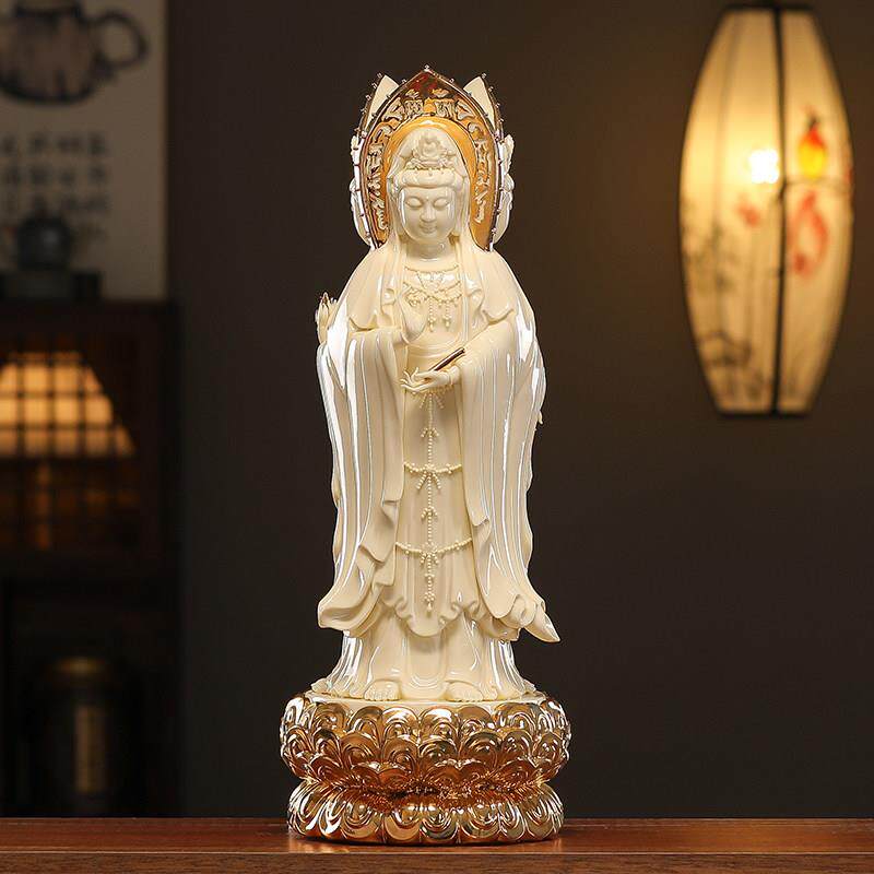 陶瓷南海三面观音佛像摆件白瓷观世音菩萨站像家居客厅供奉工艺品