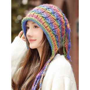 早春帽子女士秋保暖护耳毛线帽手工编制防寒针织帽显脸小流0125e