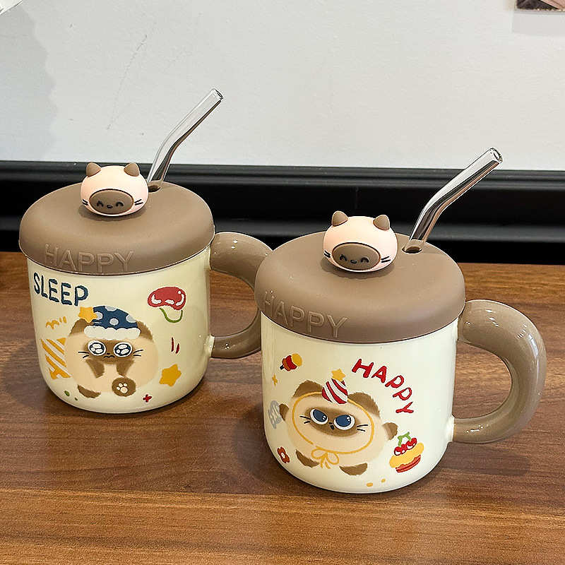 可爱暹罗猫陶瓷杯子带盖女生高颜值喝水杯情侣陶瓷咖啡杯生日礼物