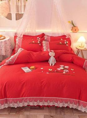 式1结婚庆大红色蕾丝床裙四套花边床罩款583床单网红件1.5米.8m2
