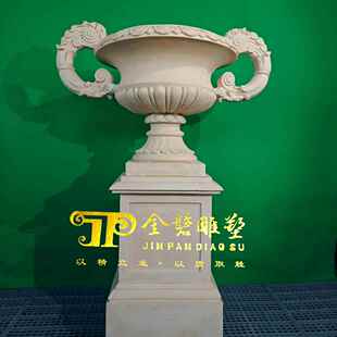 广东砂岩花盆圆雕别墅庭院双耳花钵石材树脂玻璃钢大型石材花盆