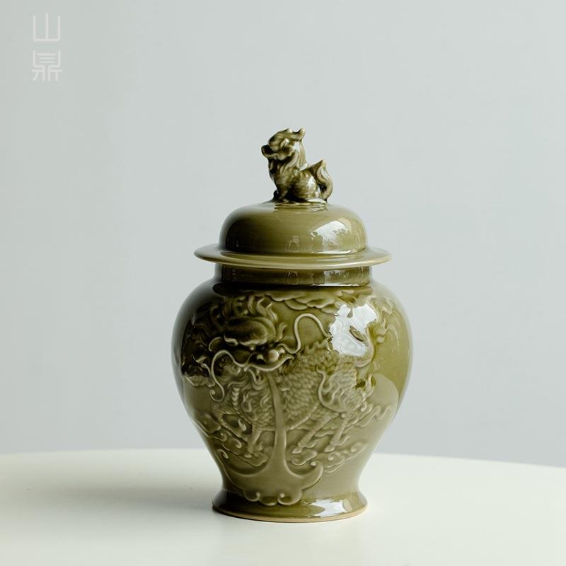 越窑青瓷茶叶罐密封罐家用陶瓷浮雕麒麟储物罐手工大号储茶罐