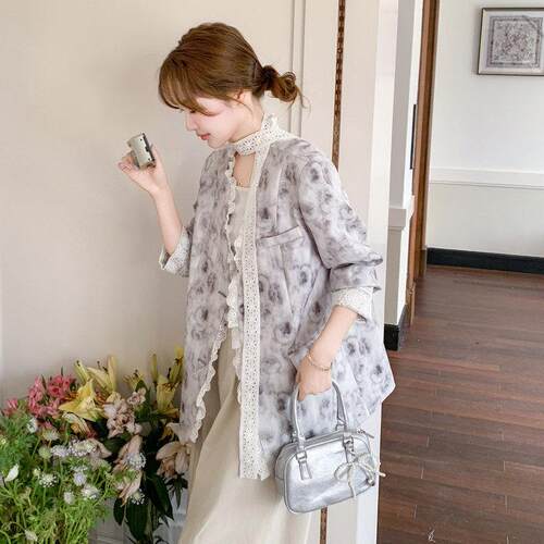 LILY MOST春新款高级感蕾丝花边印花西装外套女独特气质西服上衣