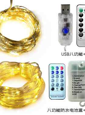 USB八功能遥控铜线灯10米户外电池盒皮线灯串圣诞装饰彩灯串室内