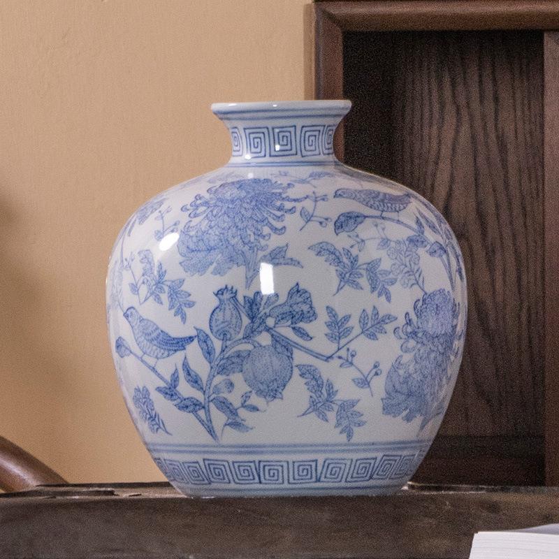 淡雅青花瓷石榴花瓶水培花客厅高档插花装饰品摆件艺术花器花瓶