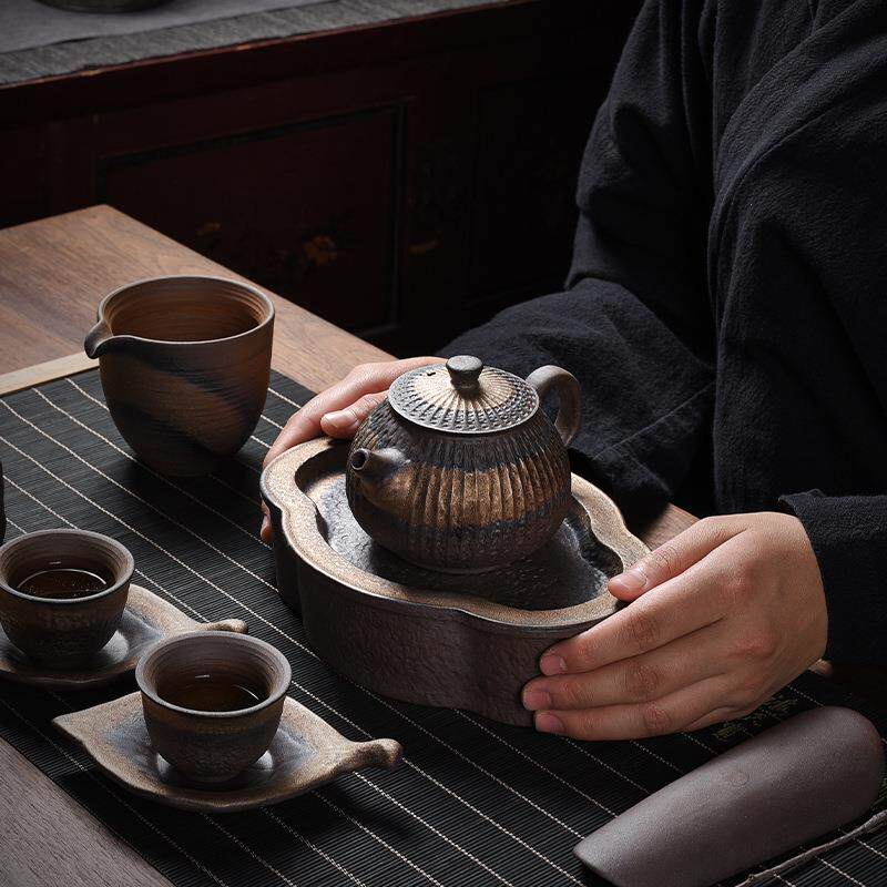 古早烧复古粗陶壶承鎏金釉储水式小茶台干泡盘手工家用简约茶托盘